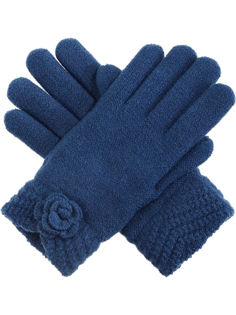 Women's Dk. Blue Winter Fashion Flower Cuff Warm Faux Fur Fleece Lined Gloves